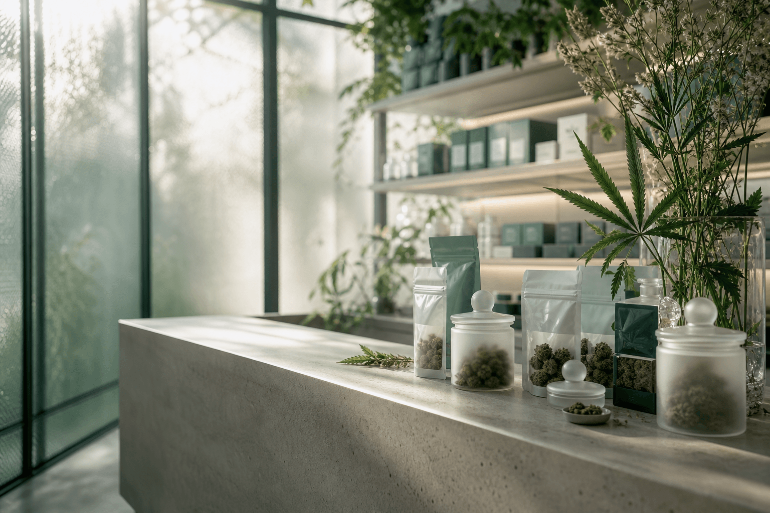 Frosted jars and botanical accents on a modern dispensary pickup counter